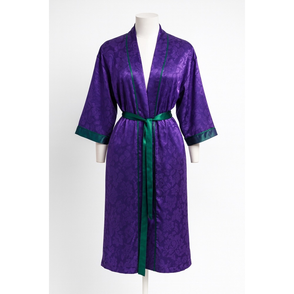 Victoria's Secret Gold Label‎ Satin Robe 90s Purple Green Trim Belt Women's M